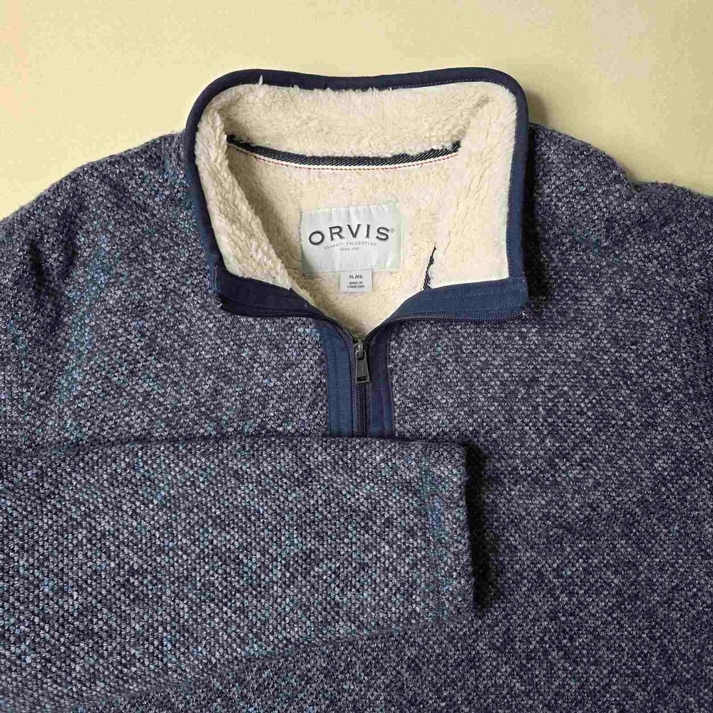 Orvis Brighton Pullover Sweater Mens XL Blue Navy Sherpa Fleece Lined Quart. Zip